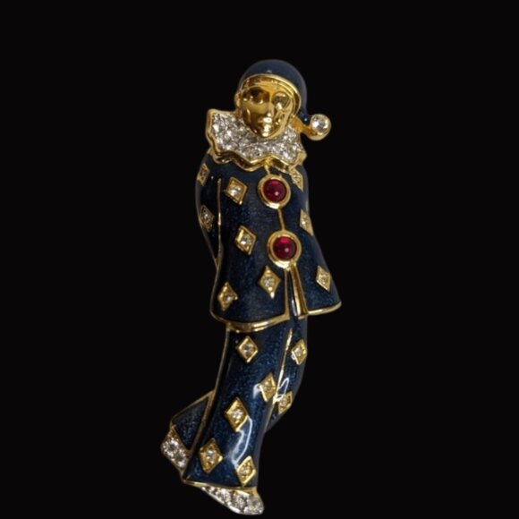 Carrucci Jewelry - RARE Vintage Carucci Pierrot Harlequin Clown Brooch – Enamel & Rhinestones, 2.5”